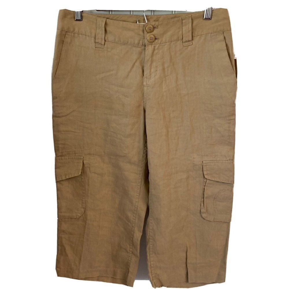 Coldwater Creek Womens Petite NWT Cargo Linen Wide Leg Crop Natural Tan Pants-8P